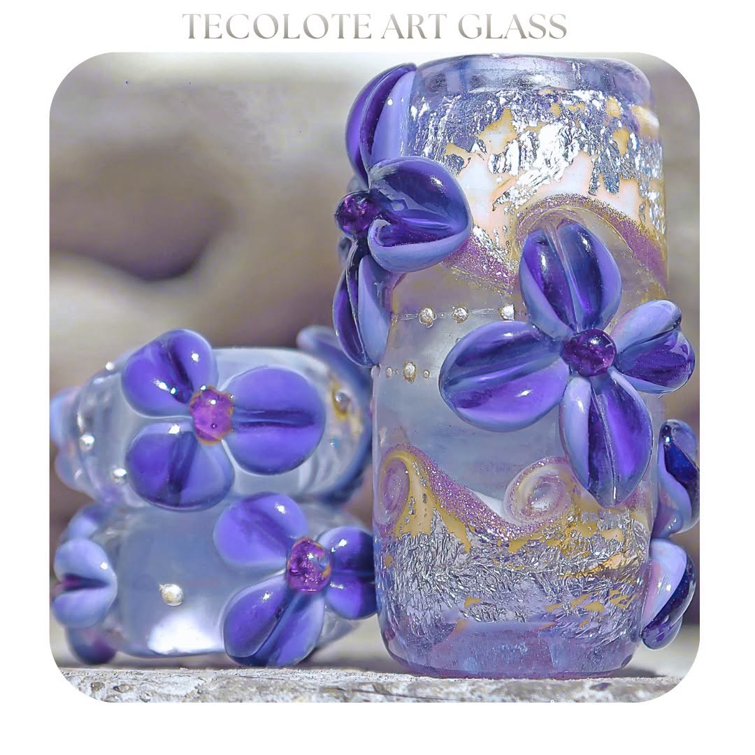 Besame Violet Flowers Art Glass lampwork Focal Bead - BHB Large Hole