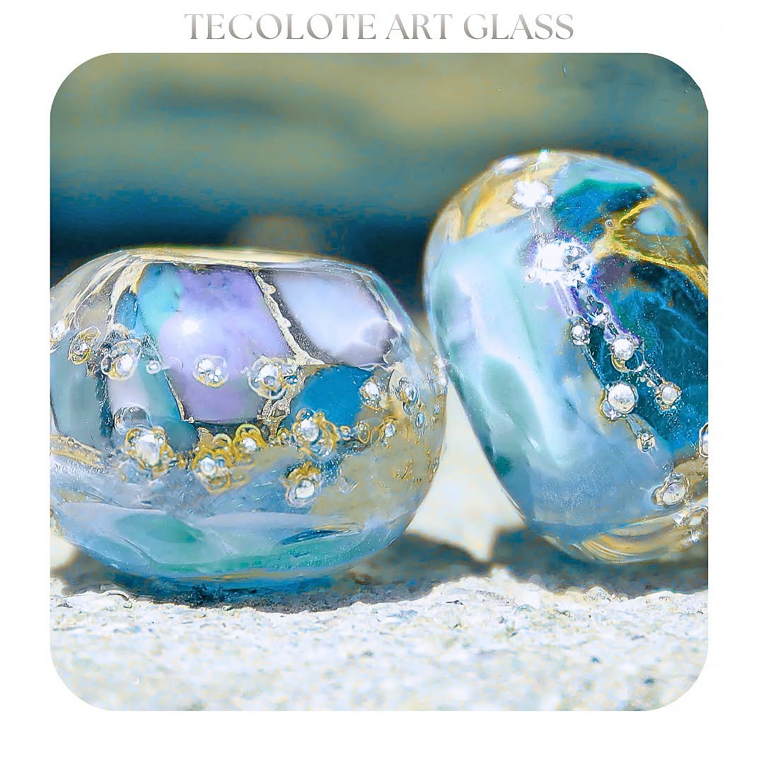 Periwinkle Blues Mosaic Art Glass lampwork Bead Pair