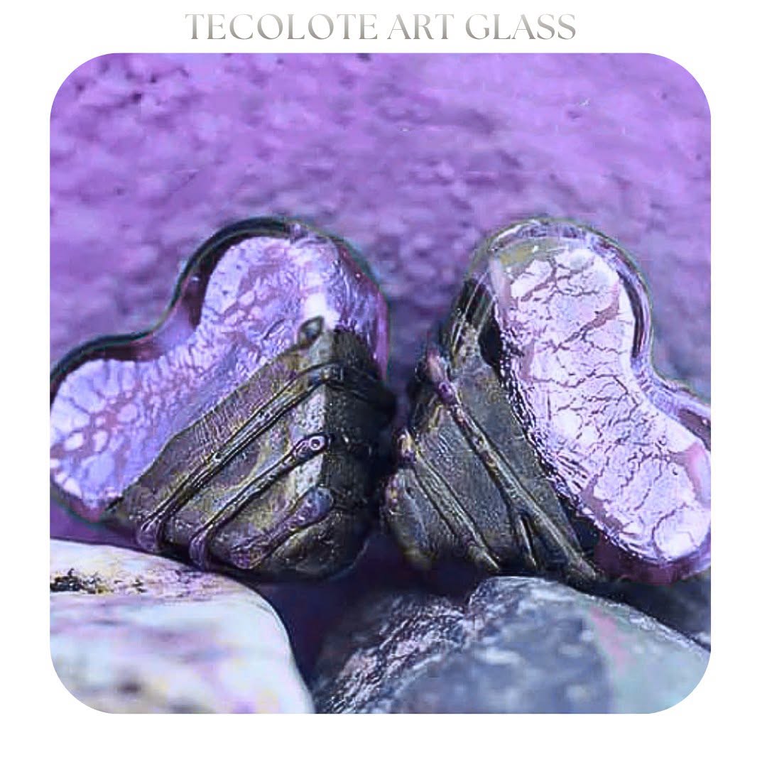 Bohemian Plumeria and Metallic Hearts - Art Glass lampwork Bead Pair