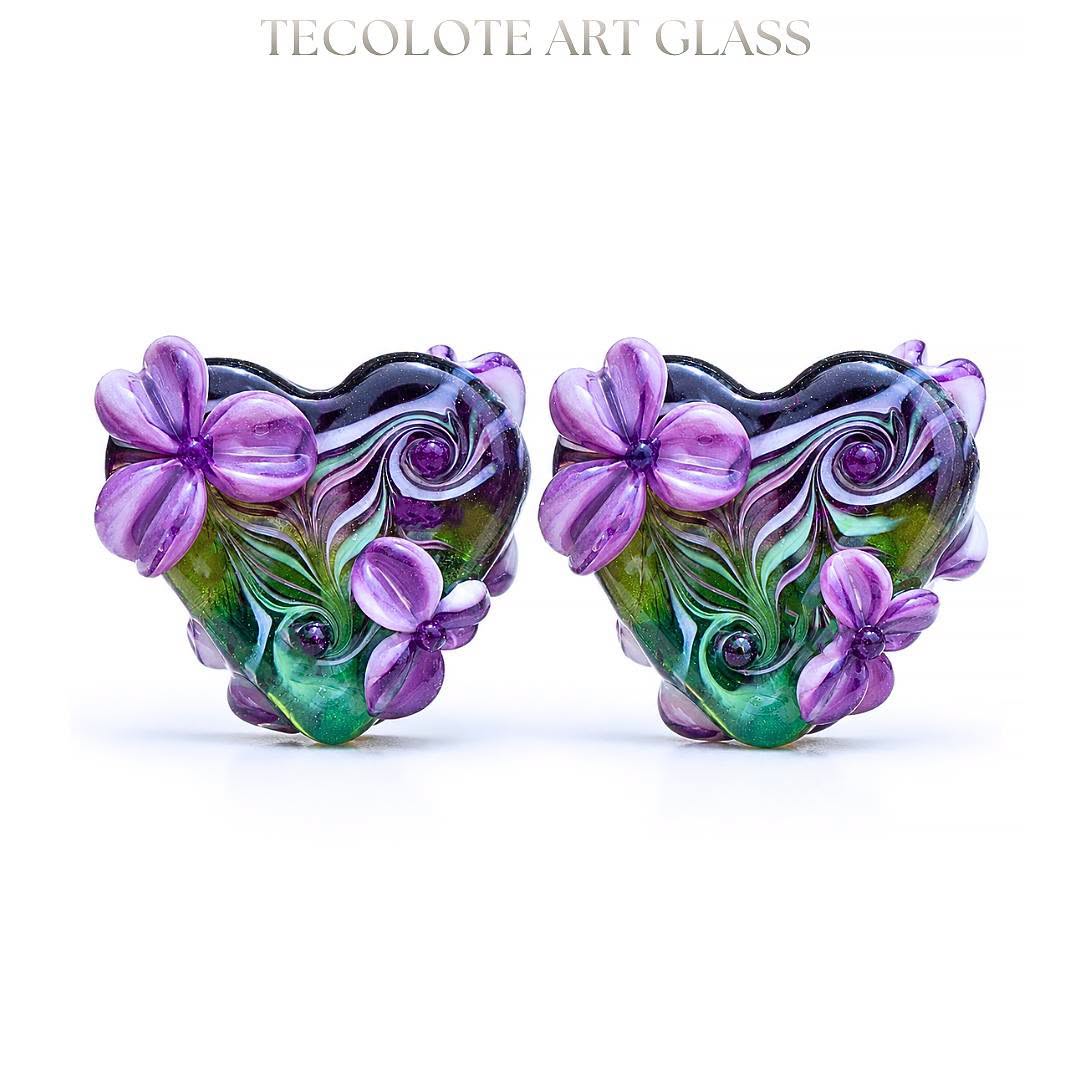Wisteria & Spanish Moss  - Art Glass Lampwork Heart Focal Bead Pair