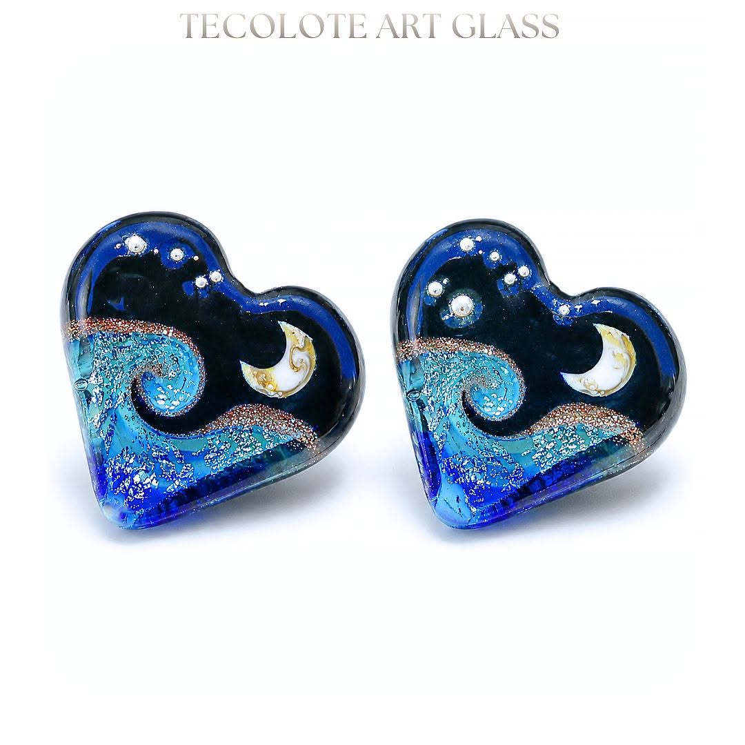 Moonlight Ocean Kiss Hearts Art Glass Lampwork Bead Pair
