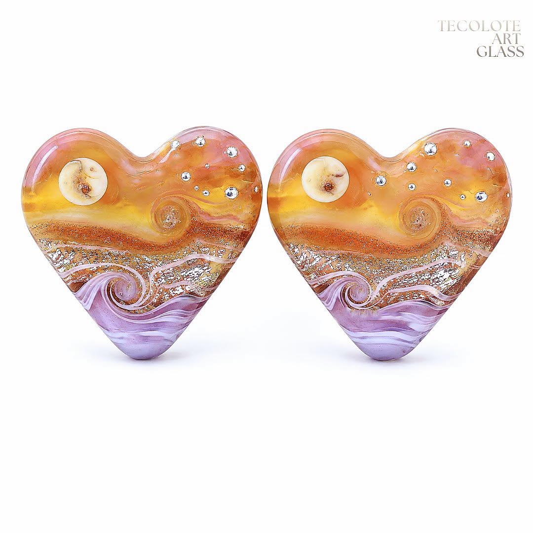 Tuscan Sun Hearts Art Glass Lampwork Bead Pair