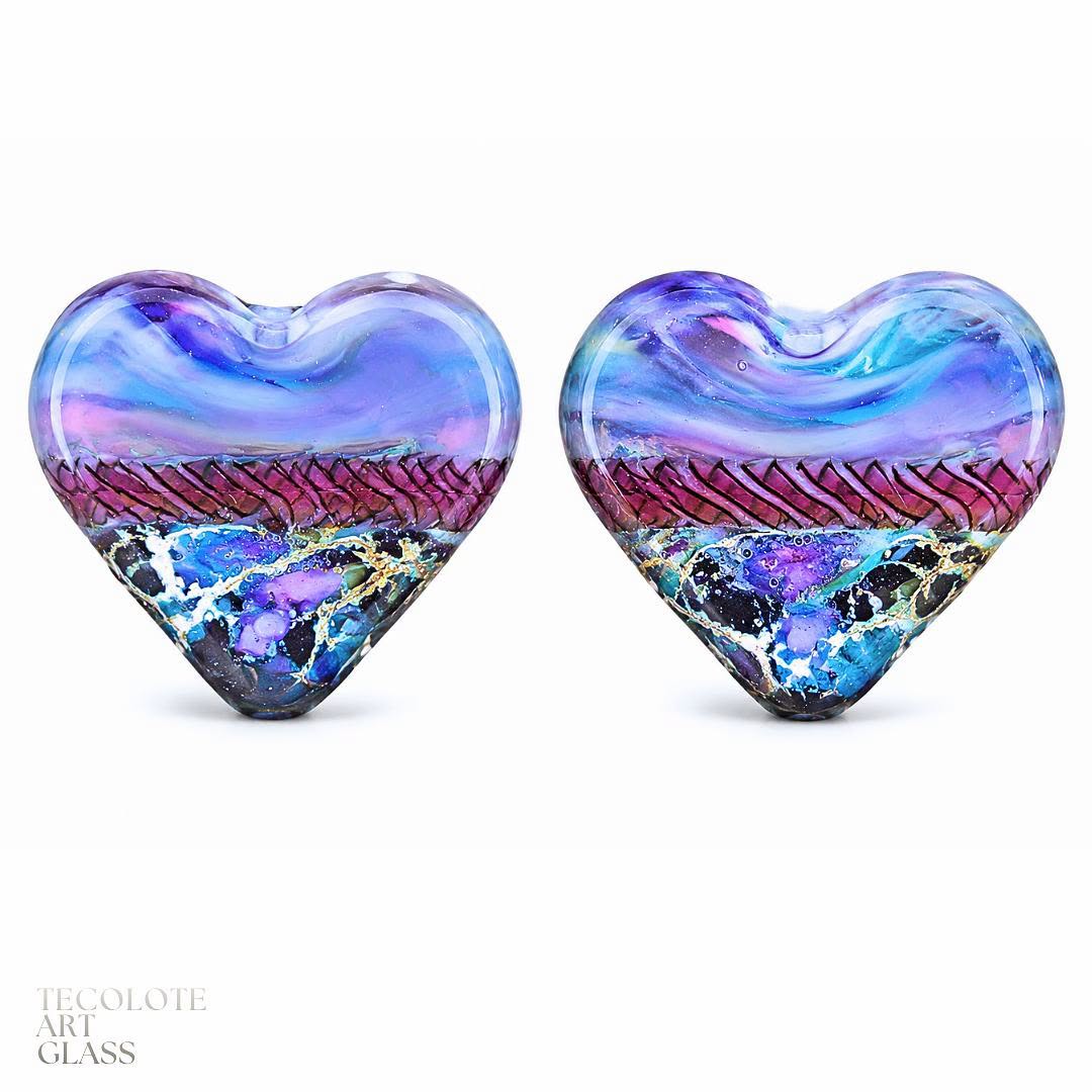 Coronado Bay Hearts  Art Glass Lampwork Heart Focal Bead Pair
