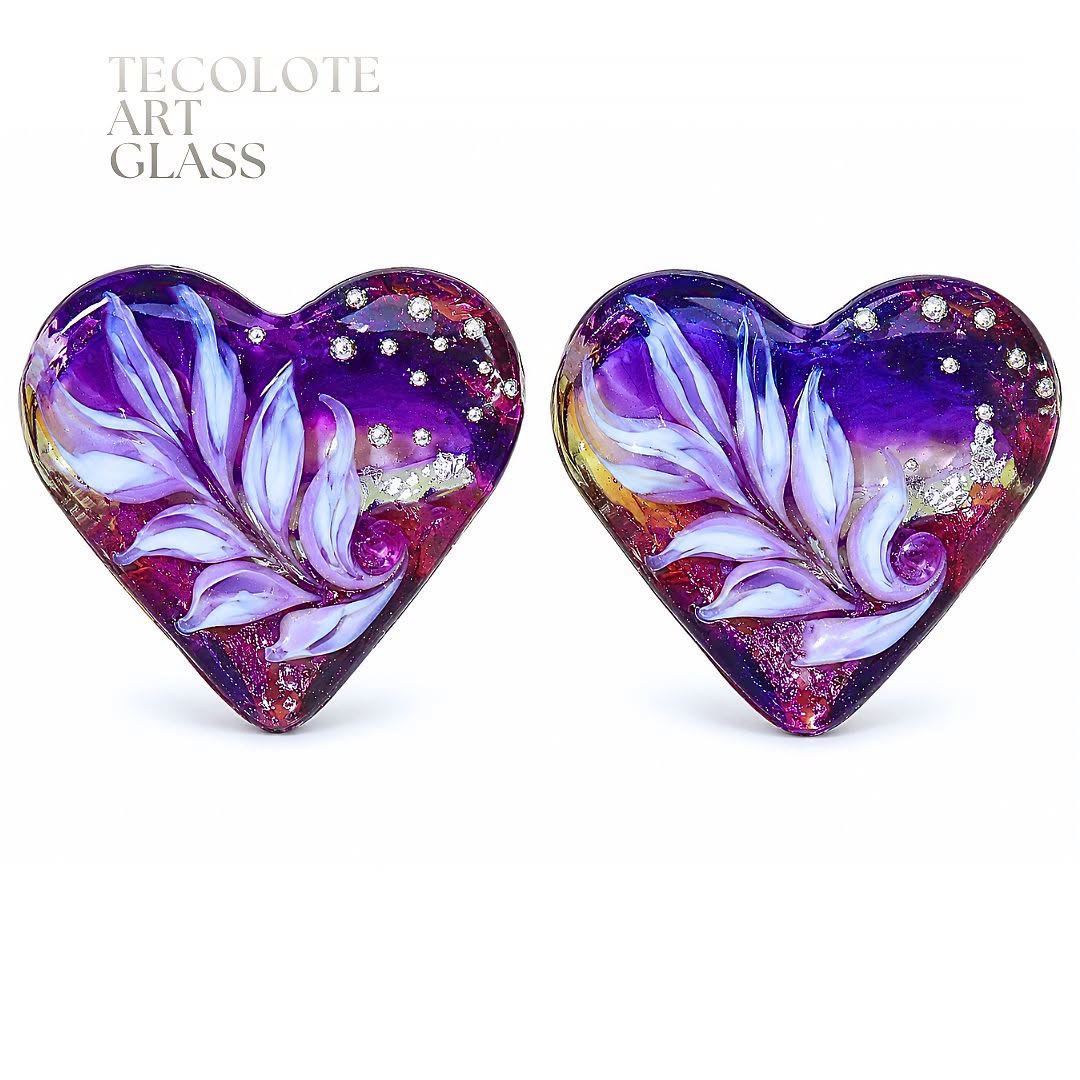 Purple Coral Hearts Art Glass Lampwork Bead Pair