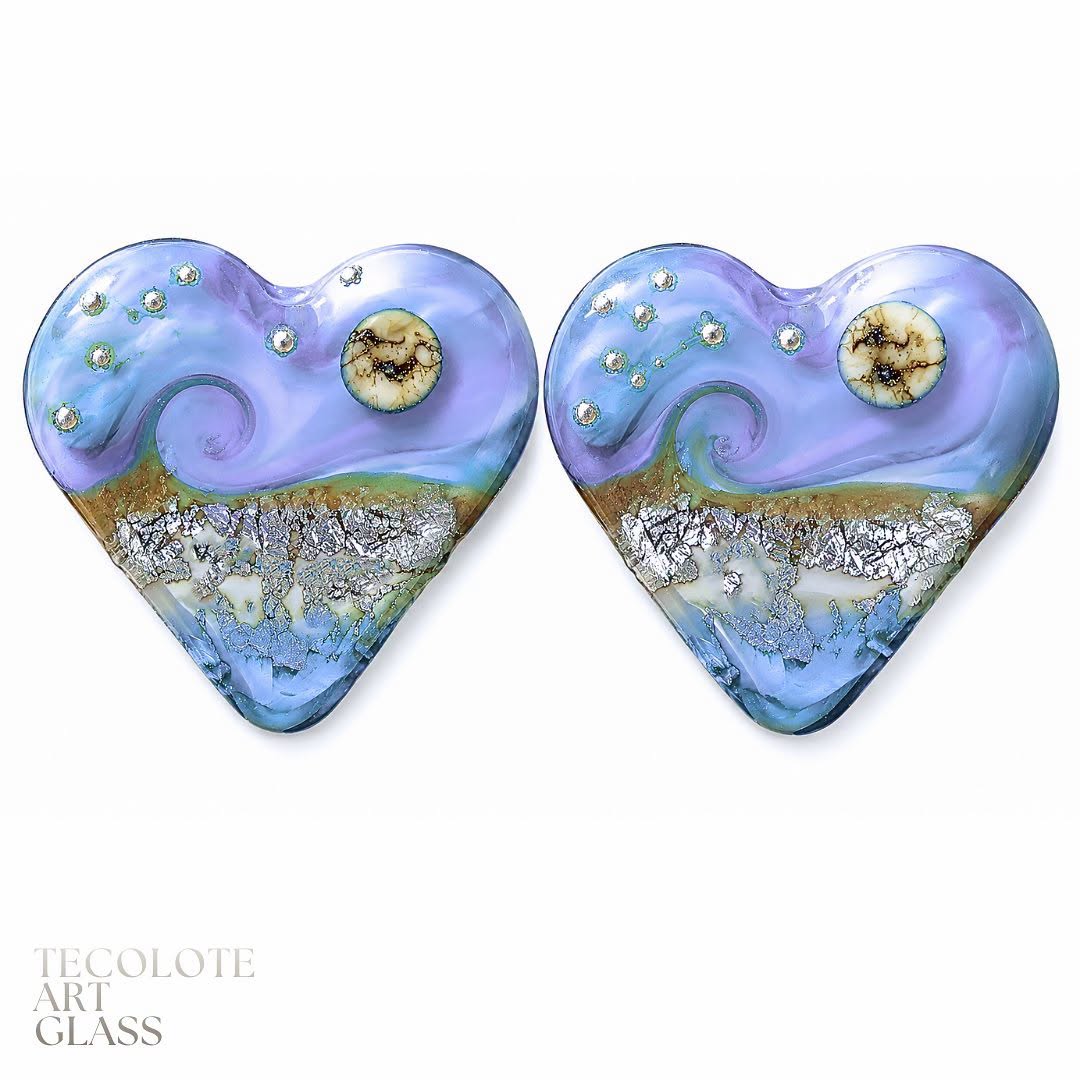 Lavender Moon Filled Love Art Glass Lampwork Heart Focal Bead Pair