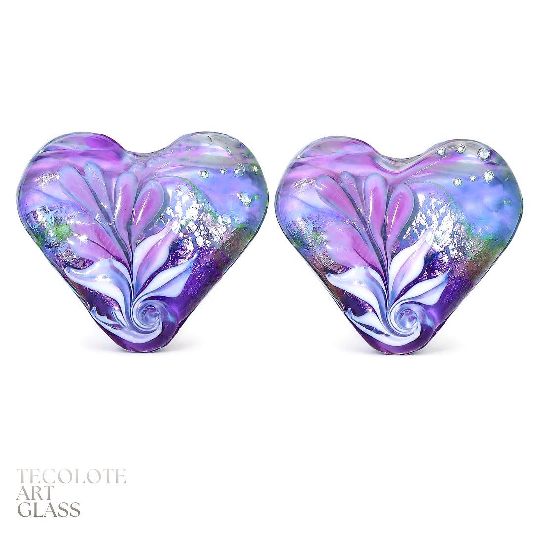 Lavender Sachet Hearts Art Glass Lampwork Heart Focal Bead Pair