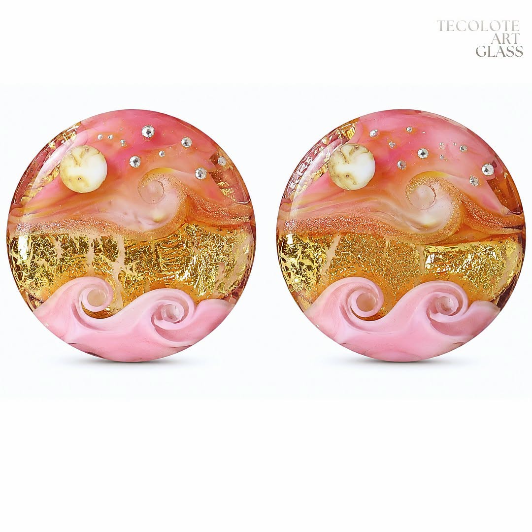 Sun Kissed Honey Moon  Art Glass Lampwork Button Spree Bead Pair