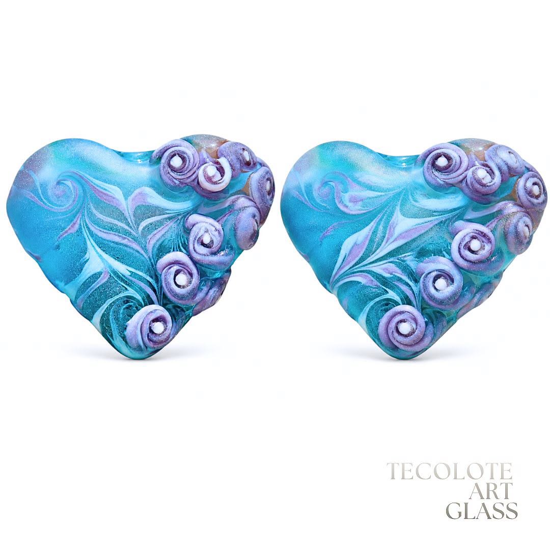 Baja Lavender Bud Hearts  Art Glass Lampwork Bead Pair