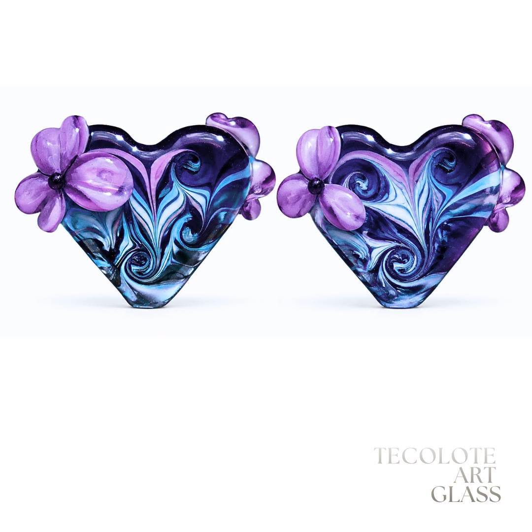 Heather & Sea  Art Glass Lampwork Heart Bead Pair
