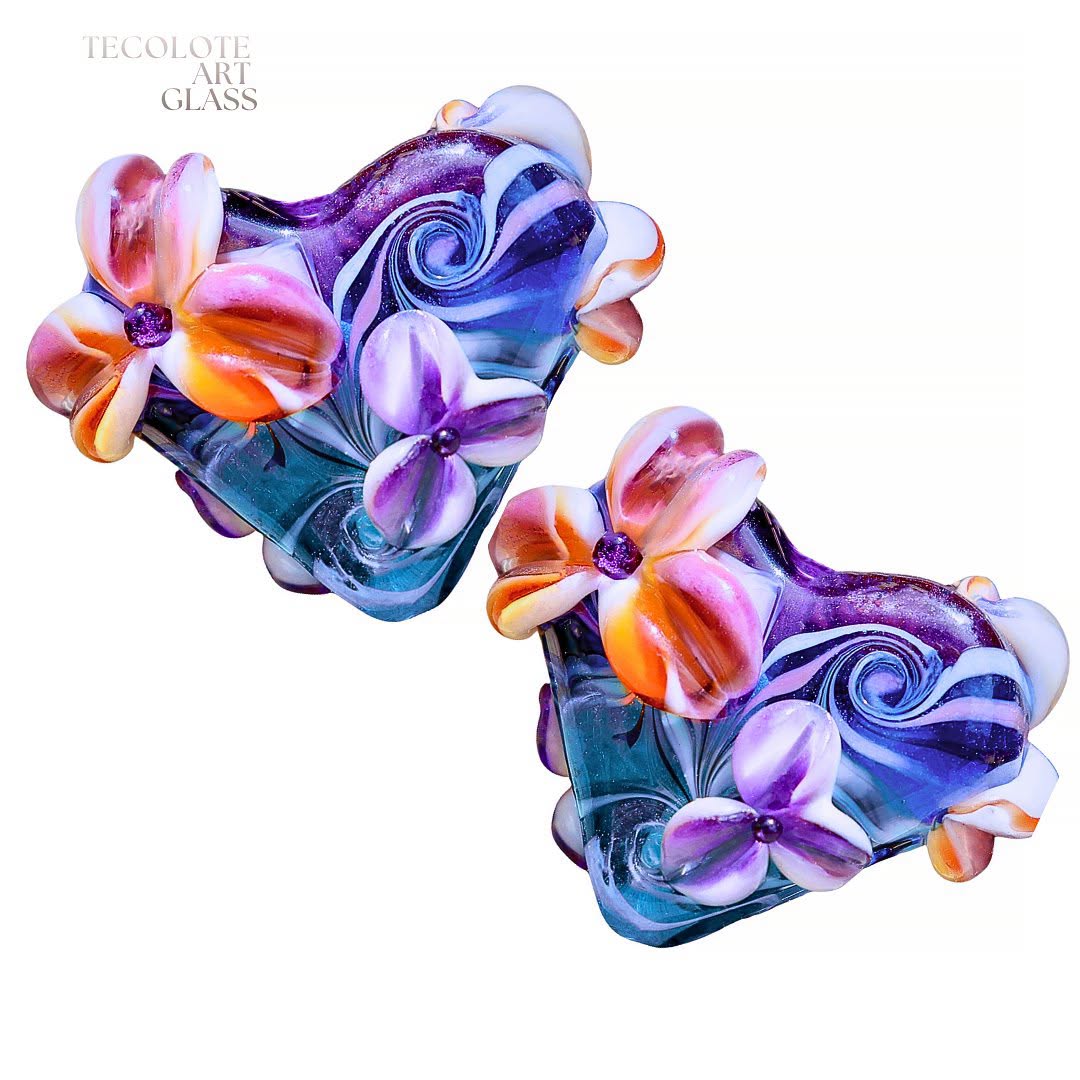 Bohemian Flora Hearts  Art Glass Lampwork Bead Pair