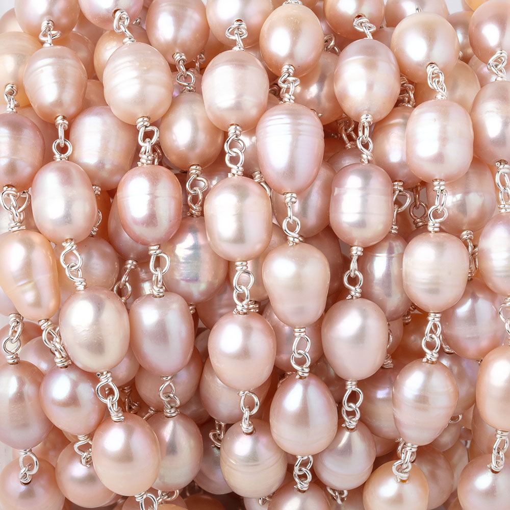 8-9mm Peachy Pink Baroque Pearls on .925 Silver Chain