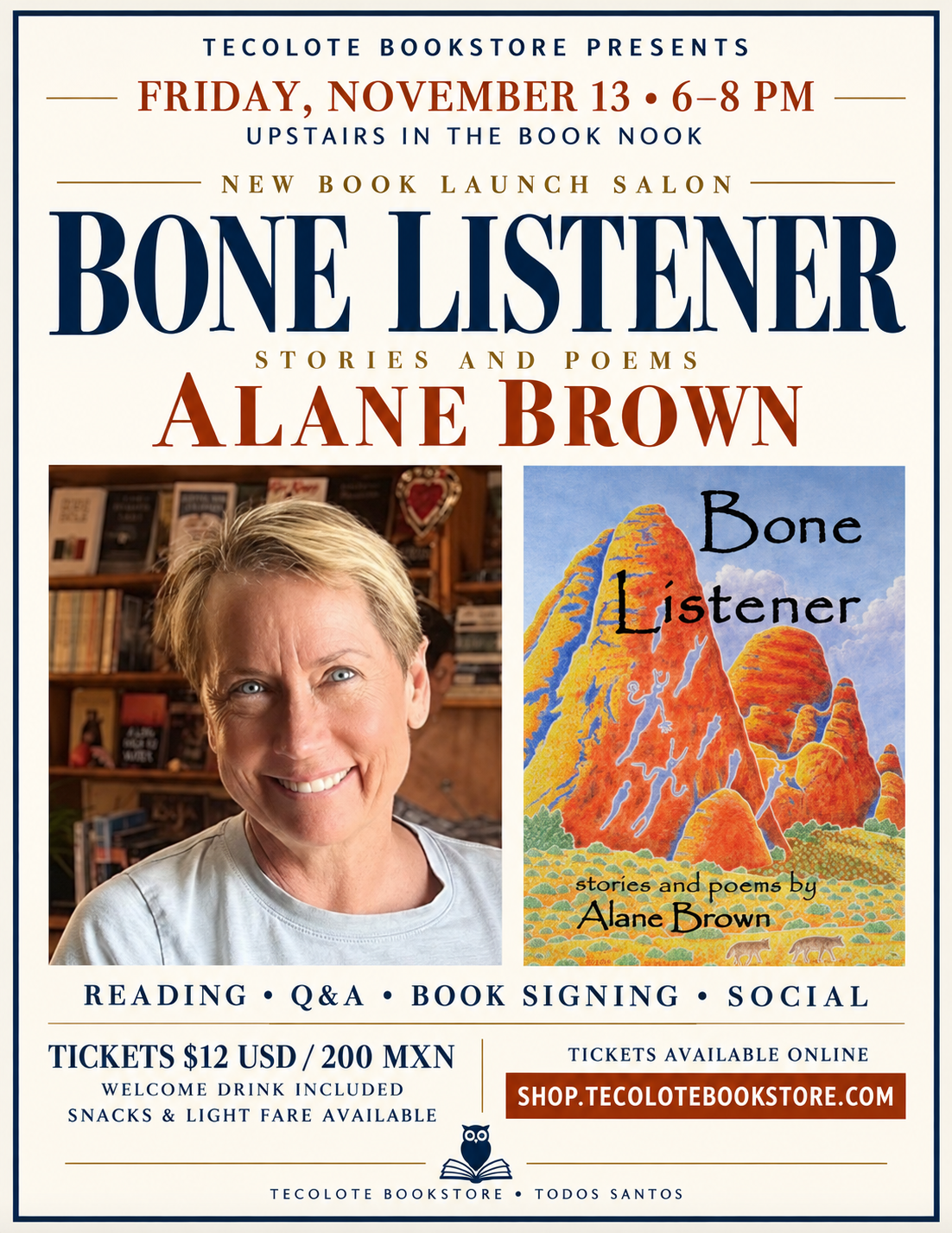 Bone Listener — Alane Brown book launch salon (Tecolote Book Nook)