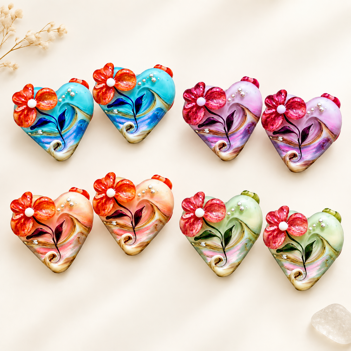 Baja Floral Love  - Art Glass Lampwork Heart Bead Pair Collection