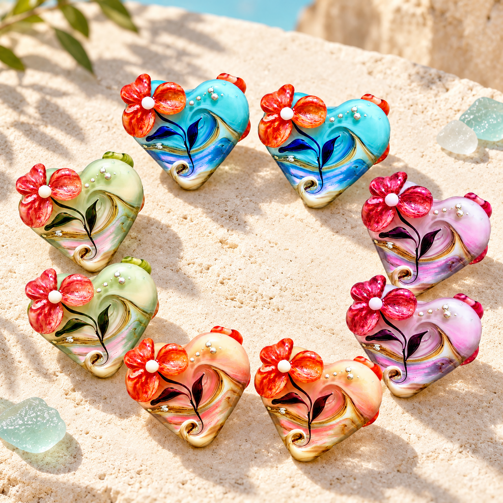 Baja Floral Love  - Art Glass Lampwork Heart Bead Pair Collection