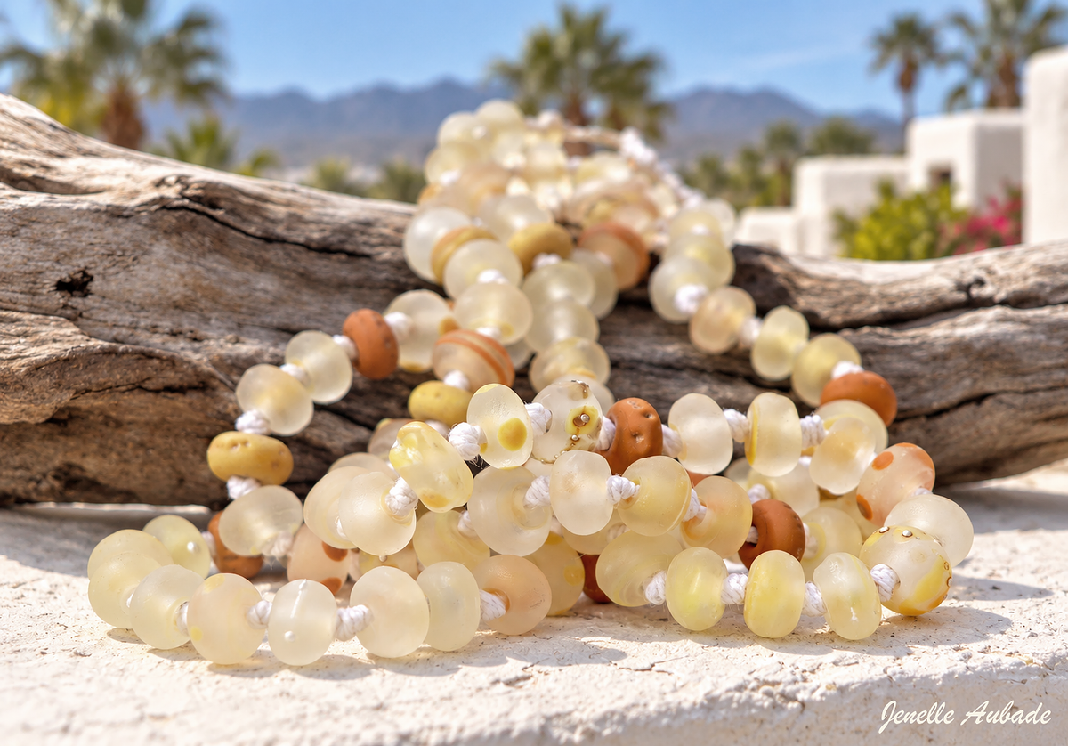Saffron & Sunlight Necklace - Knotted Beaded Boho Strand by Glass Artist Jenelle Aubade