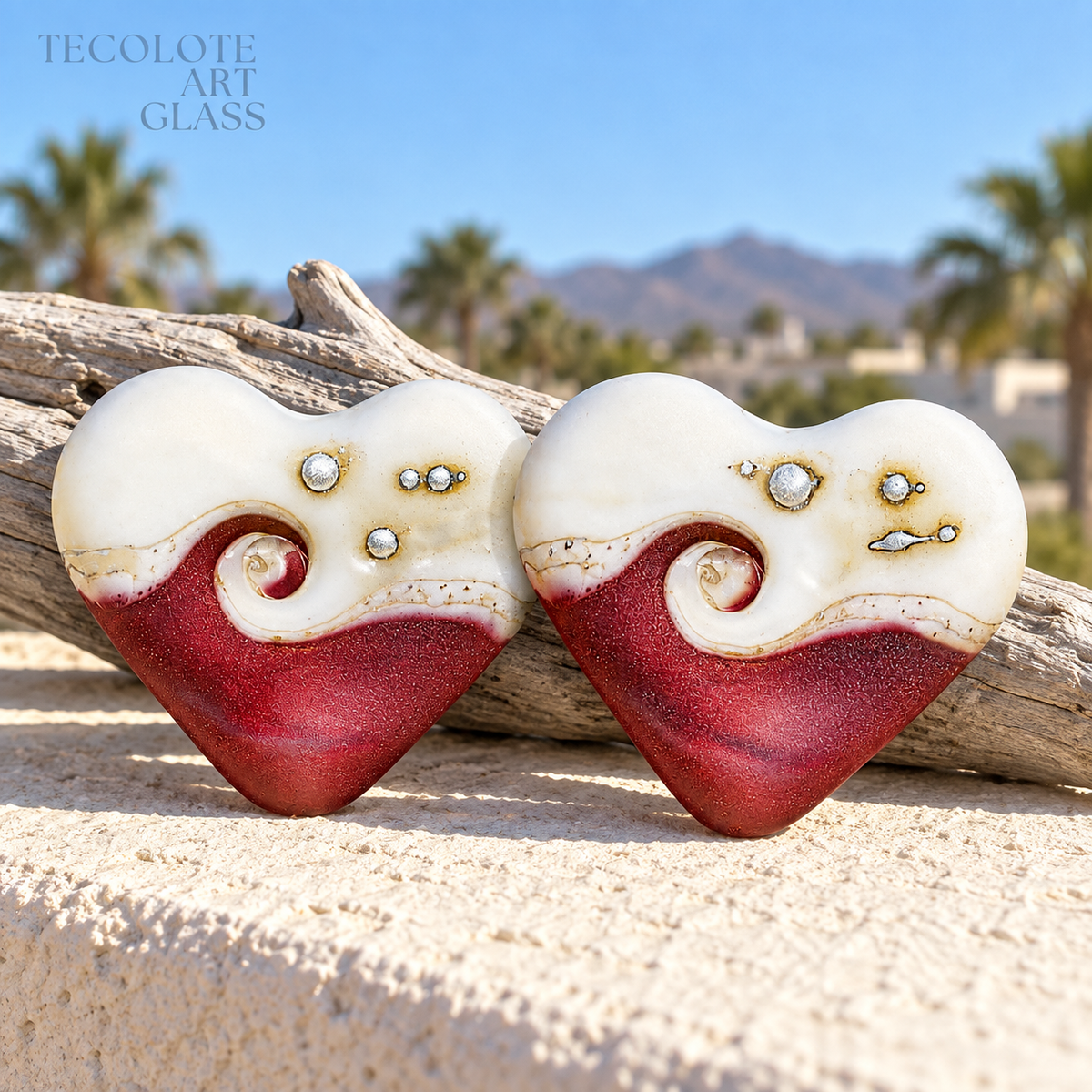 Matte Cinnamon Rose & Ivory Heart Bead Pair - Handmade Art Glass Lampwork