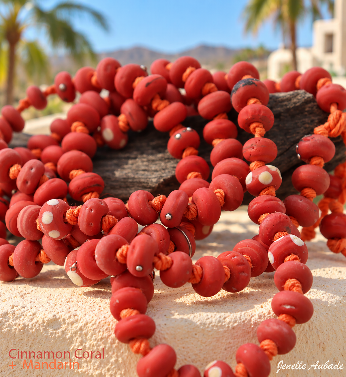Cinnamon Coral Necklace - Knotted Beaded Boho Strand by Glass Artist Jenelle Aubade