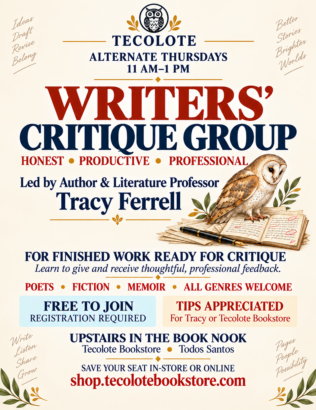 Writing Critique Group - Monthly with Tracy Ferrell - Registration