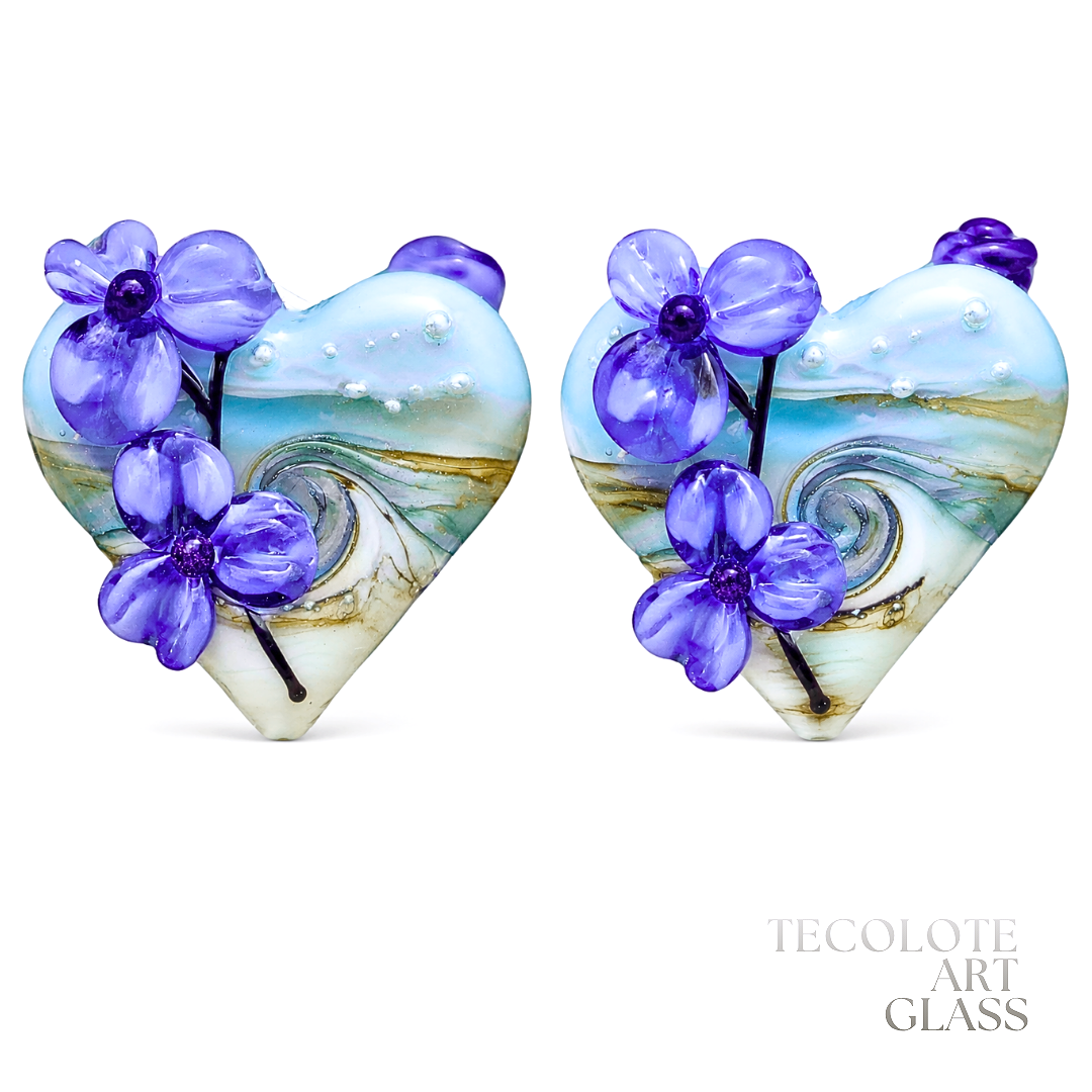 Arroyo Lilac Hearts  Art Glass Lampwork Heart Focal Bead Pair