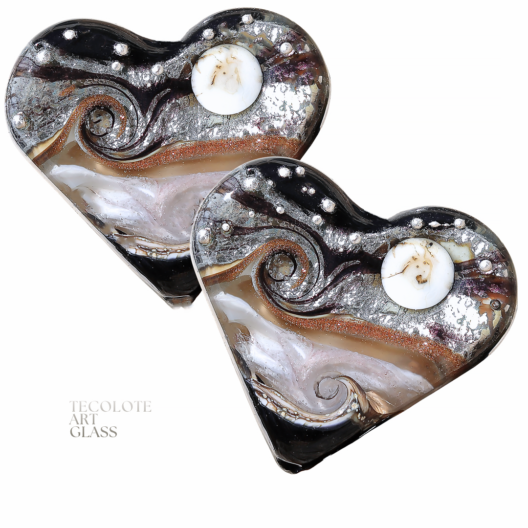 Hearts at  Midnight Art Glass Lampwork Heart Focal Bead Pair