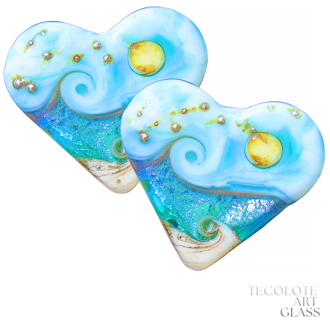Ocean Bliss Hearts Art Glass Lampwork Bead Pair