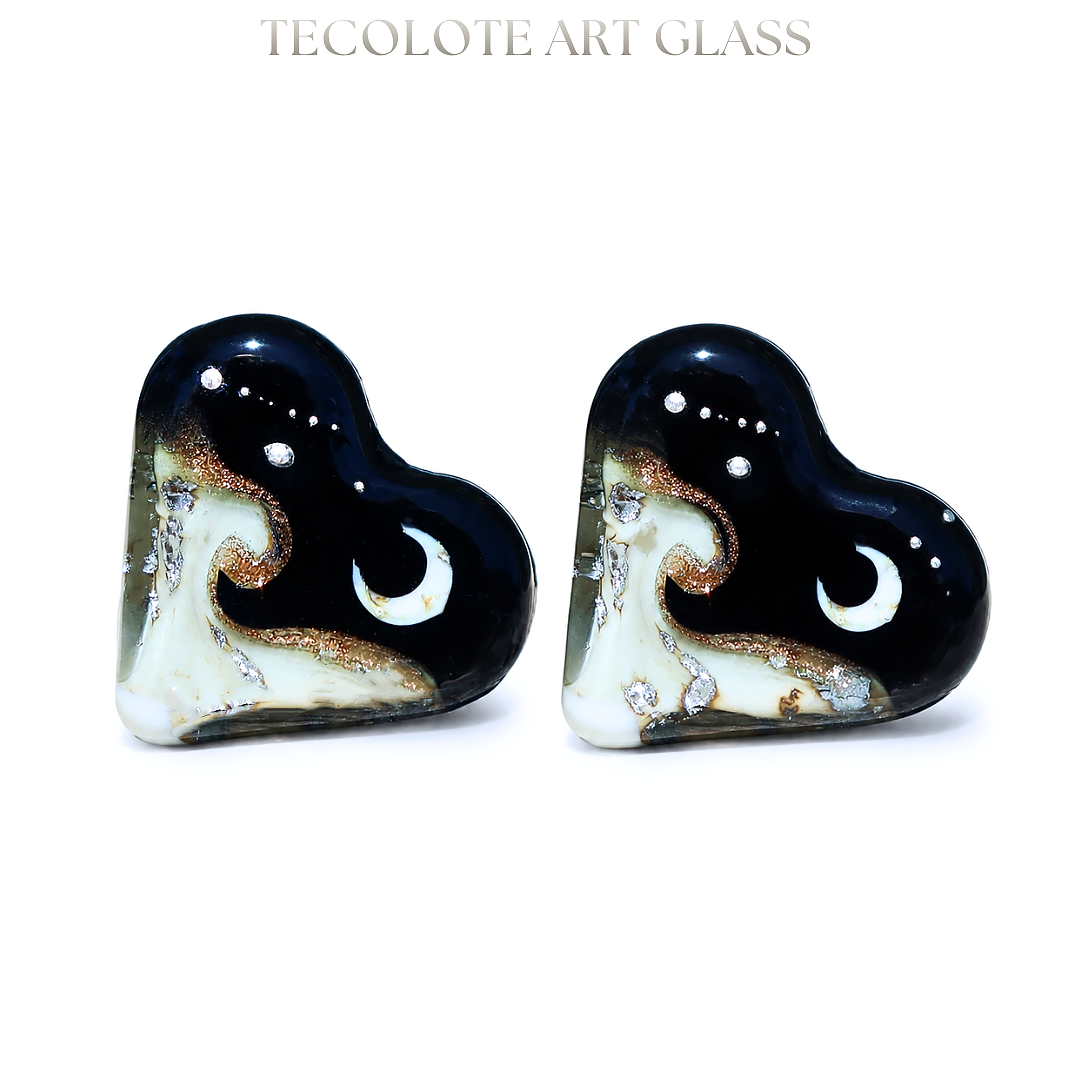 Midnight Moonglow  - Art Glass Lampwork Heart Focal Bead Pair