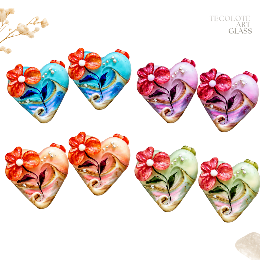 Baja Floral Love  - Art Glass Lampwork Heart Bead Pair Collection