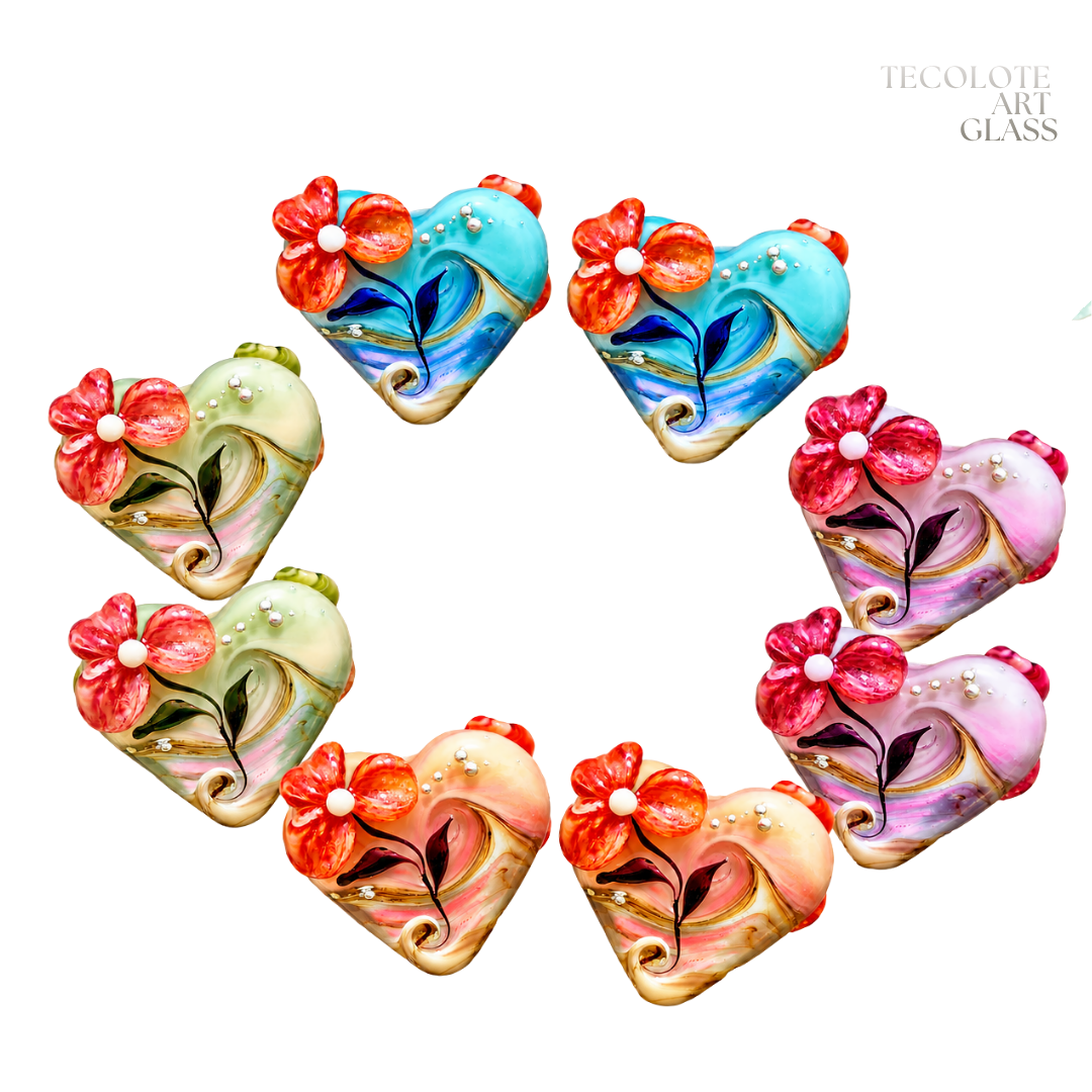 Baja Floral Love  - Art Glass Lampwork Heart Bead Pair Collection