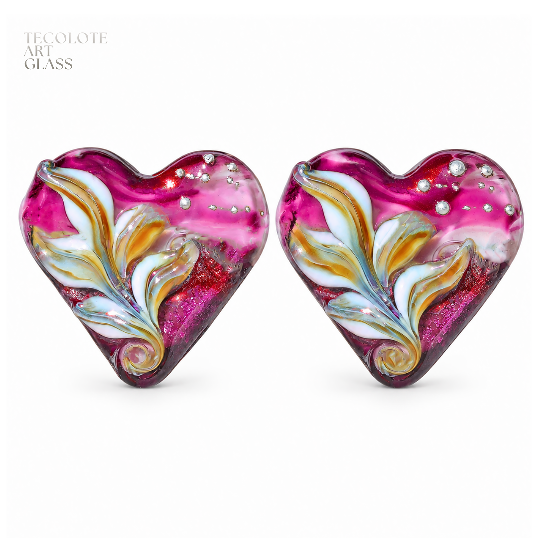Garnet Merfolk Art Glass Lampwork Heart Bead Pair