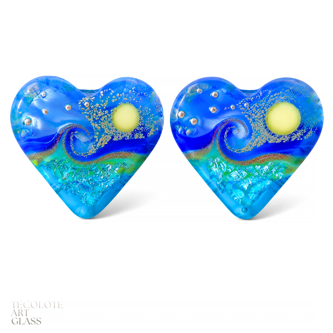 Sapphire Moon  Art Glass Lampwork Heart Focal Bead Pair