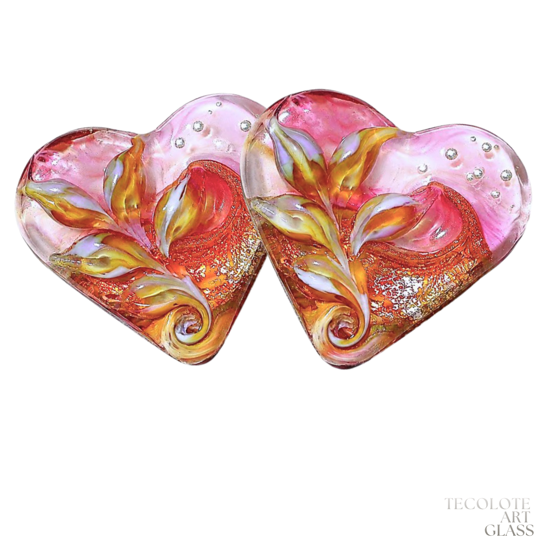 Bougainvillea Rose  Art Glass Lampwork Heart Focal Bead Pair