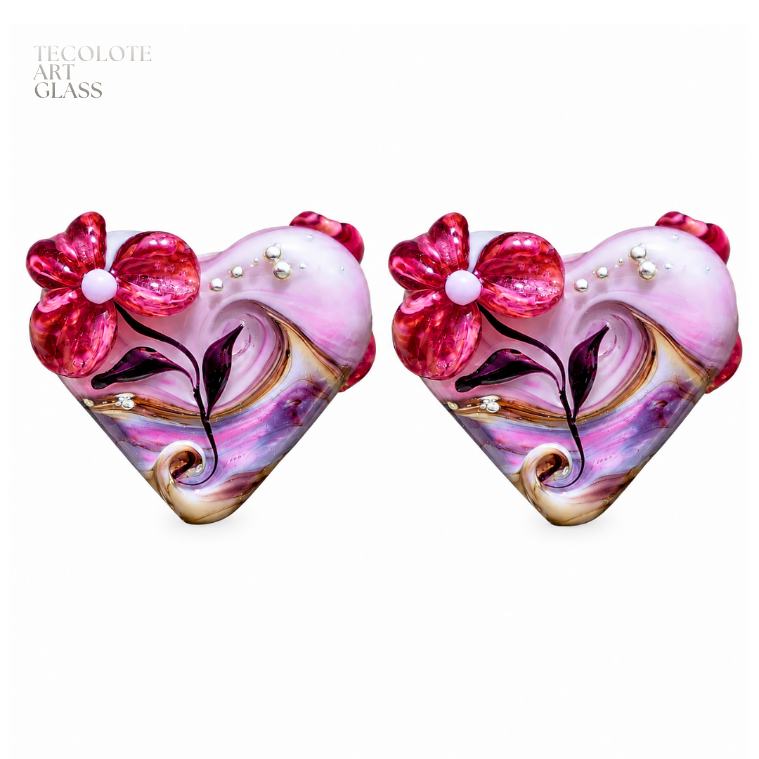 Baja Floral Love  - Art Glass Lampwork Heart Bead Pair Collection