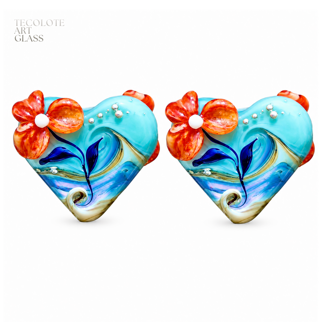 Baja Floral Love  - Art Glass Lampwork Heart Bead Pair Collection
