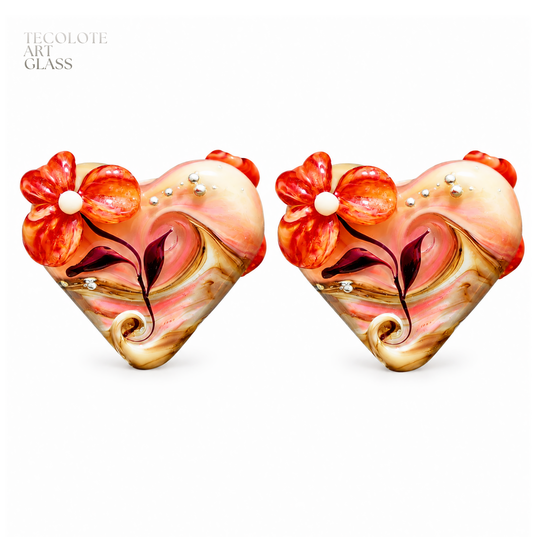 Baja Floral Love  - Art Glass Lampwork Heart Bead Pair Collection