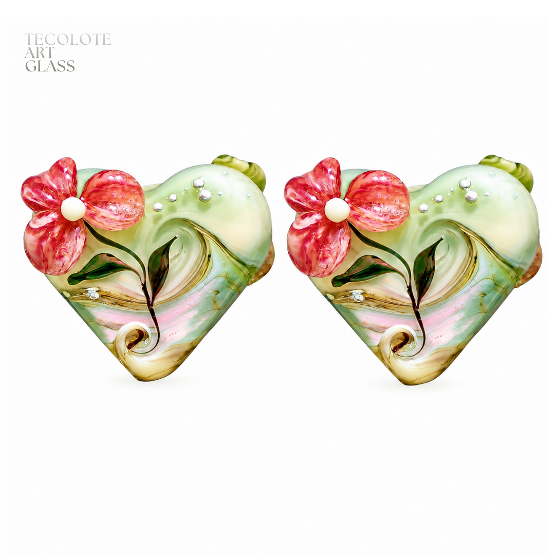 Baja Floral Love  - Art Glass Lampwork Heart Bead Pair Collection